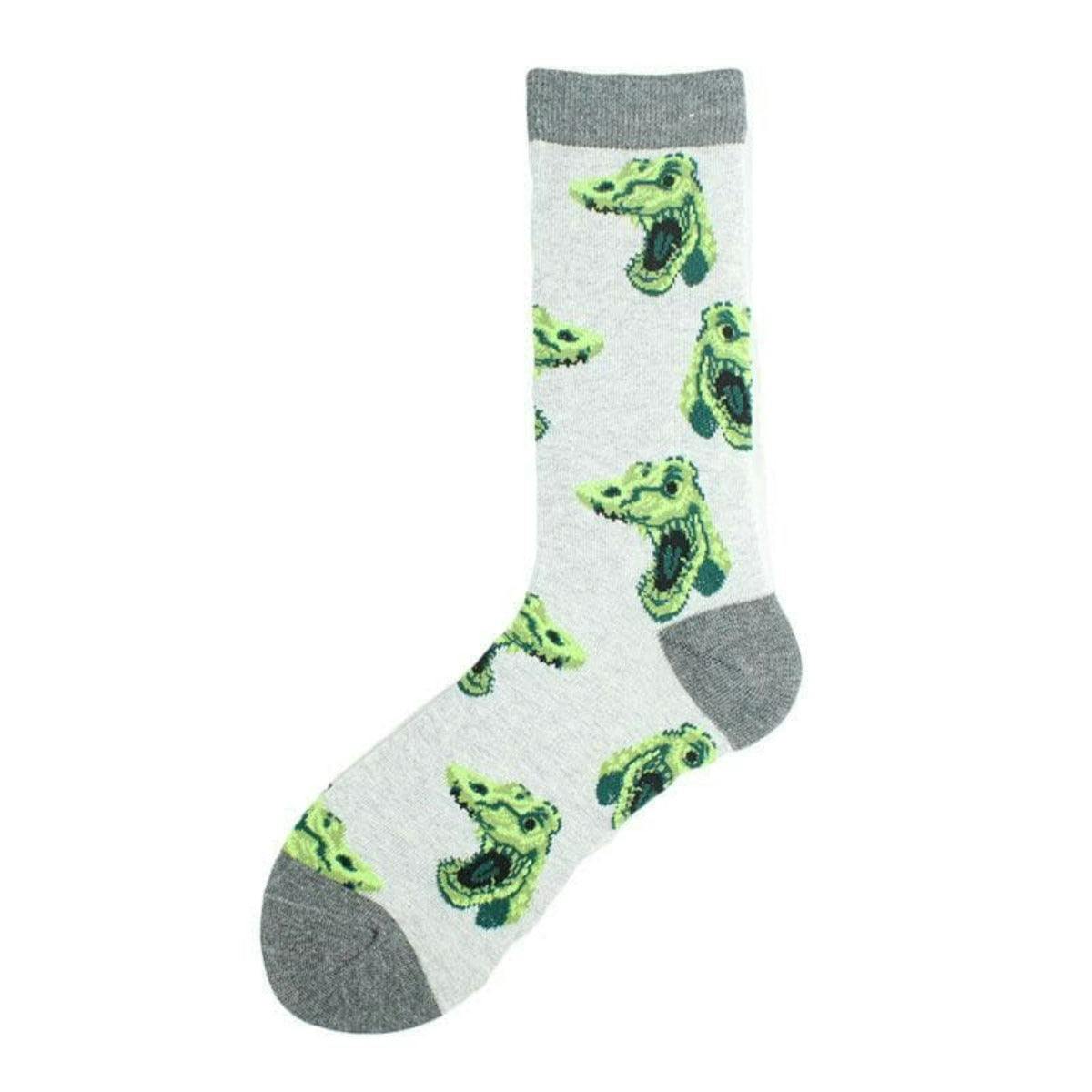 Green Dinosaur Crew Socks Grey.